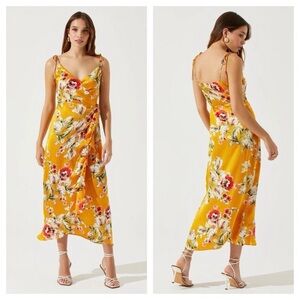 ASTR The Label Yellow Floral Midi Dress NWT Size XS Satin Wrap Ruffle Tie Straps